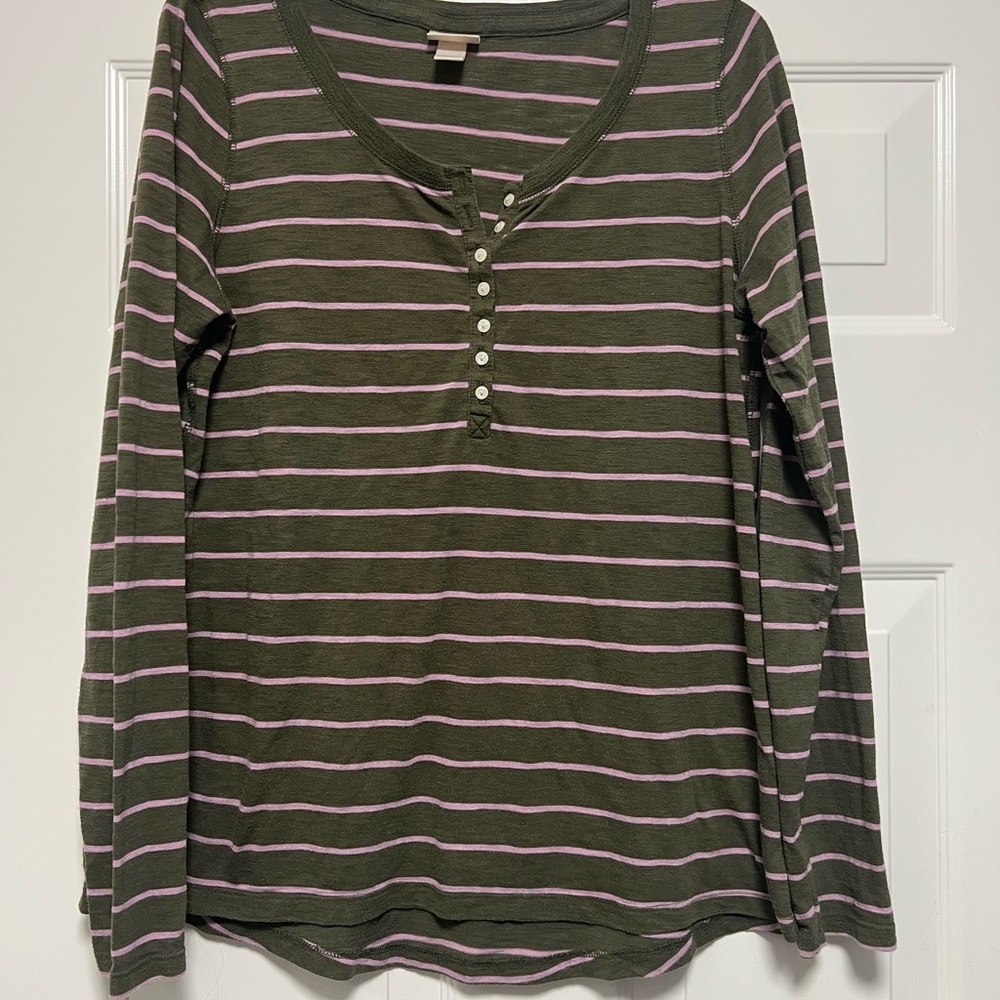 Mossimo Supply Co. Olive Green and Pink Striped Long Sleeve Shirt with buttons
